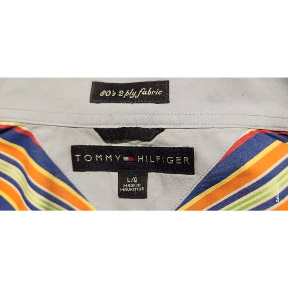 Tommy Hilfiger Men’s L French Cuff Button Down Stripe Shirt Y2K Blue Pink Yellow - Picture 5 of 5